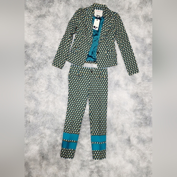 Anthropologie Cartonnier 2PC Limited Edition Green/Blue Geometric Print Suit, 4R - Picture 1 of 4